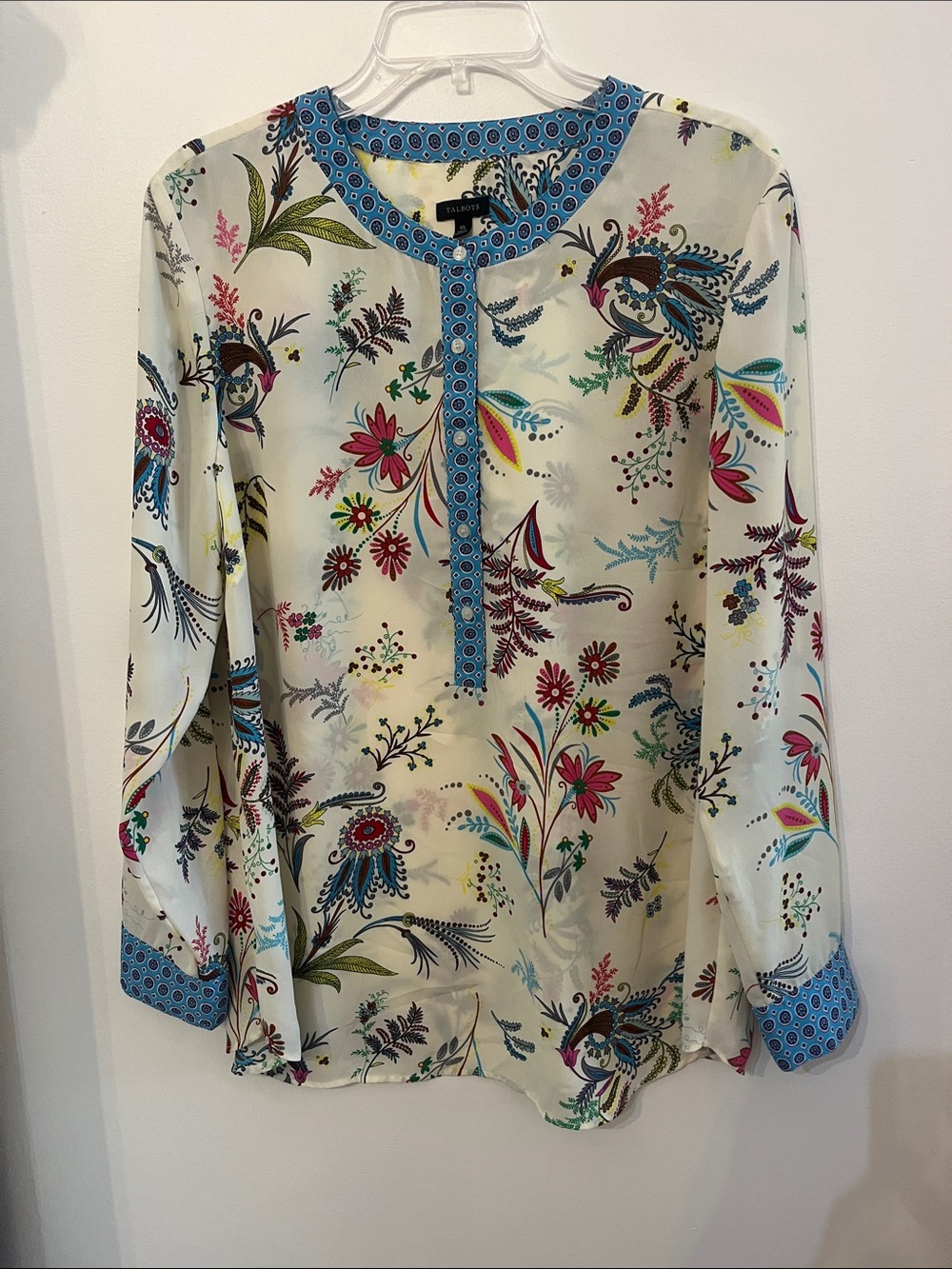 Talbots Cream Floral Henley Blouse with Blue Trim